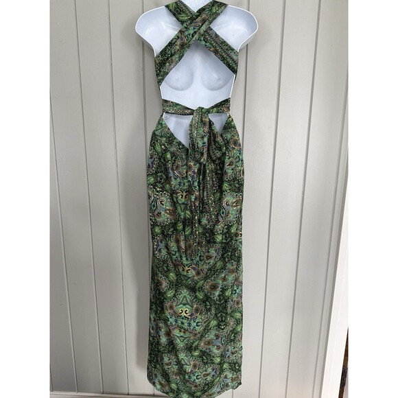 Earthbound Trading Co. Maxi Dress L Large Halter Cross Back Green Gold Floral - Picture 5 of 7